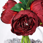 5 Flower Head Burgundy Peony Bouquet Artificial Silk Peonies Spray - Bell Racket Store