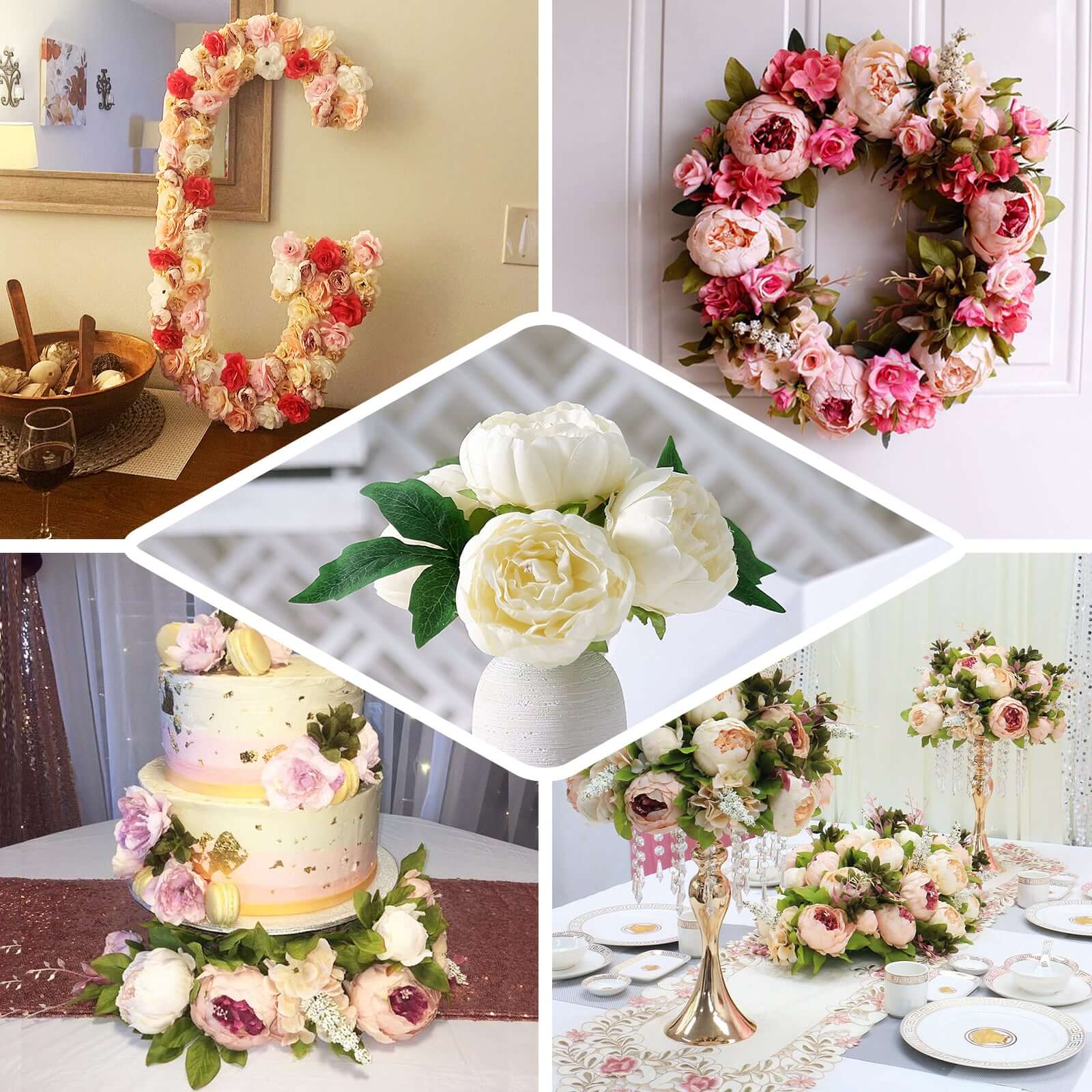 5 Flower Head Burgundy Peony Bouquet Artificial Silk Peonies Spray - Bell Racket Store