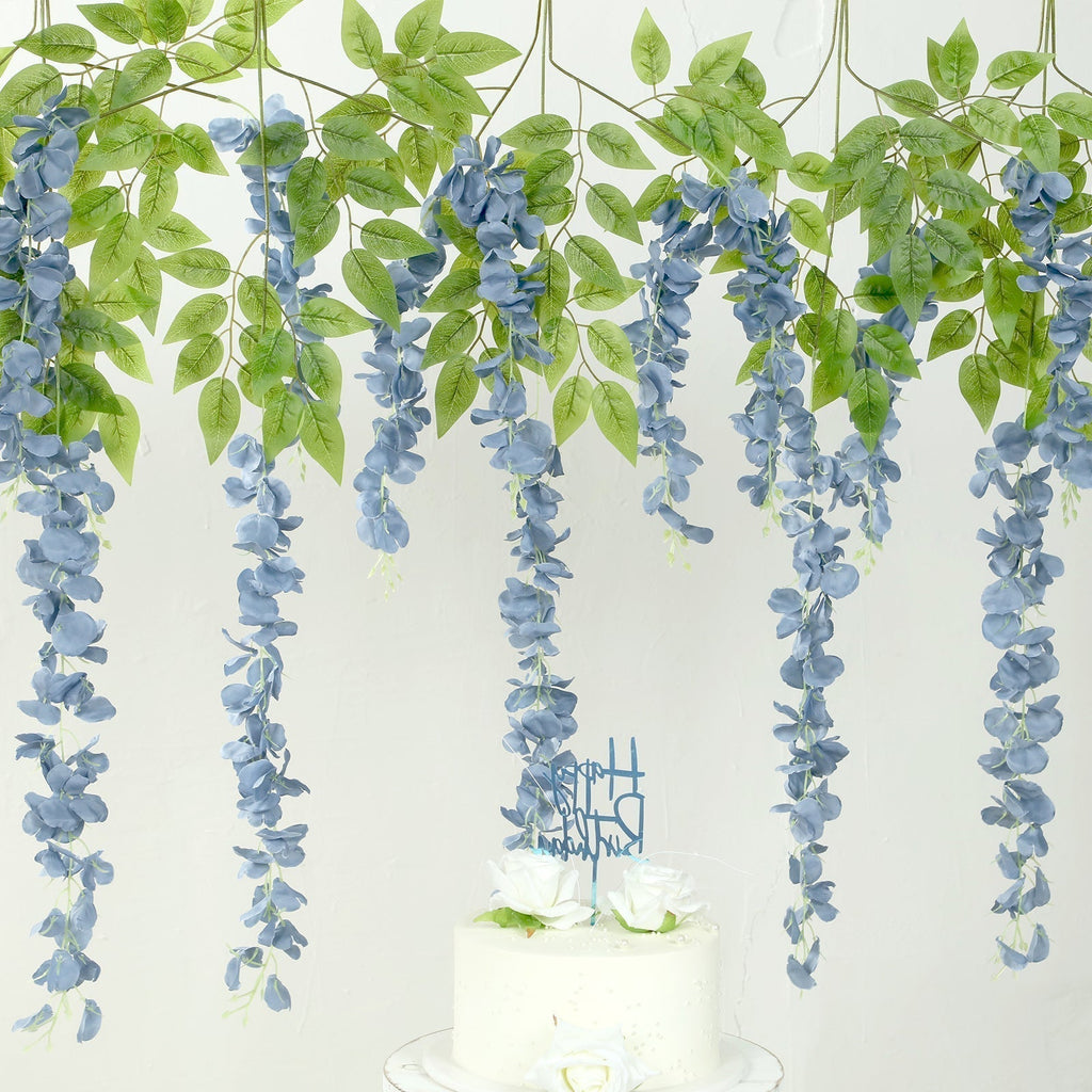 5 Pack 44" Silk Hanging Wisteria Flower Garland Vines in Dusty Blue, Elaborated 3 Full Strands in 1 Bush - Bell Racket Store