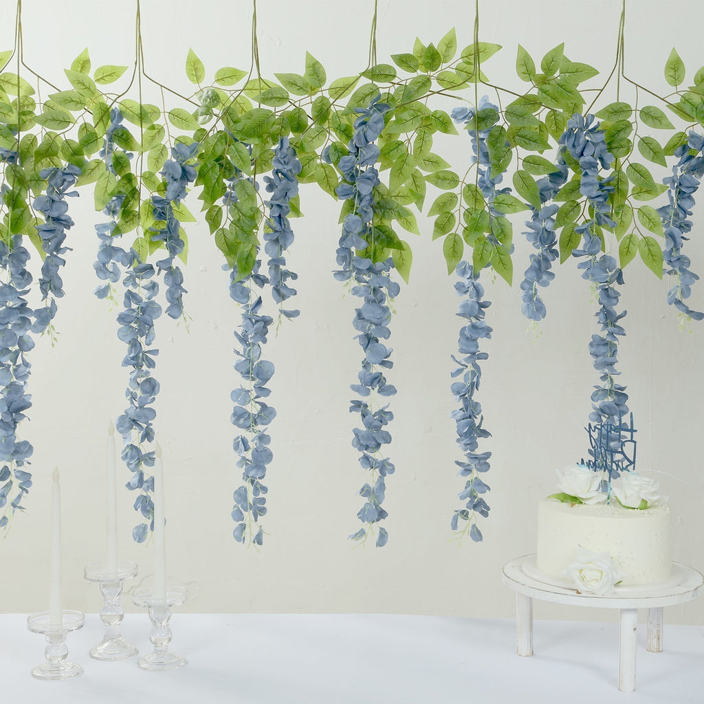 5 Pack 44" Silk Hanging Wisteria Flower Garland Vines in Dusty Blue, Elaborated 3 Full Strands in 1 Bush - Bell Racket Store