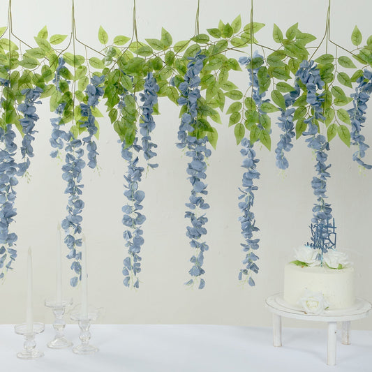 5 Pack 44" Silk Hanging Wisteria Flower Garland Vines in Dusty Blue, Elaborated 3 Full Strands in 1 Bush - Bell Racket Store