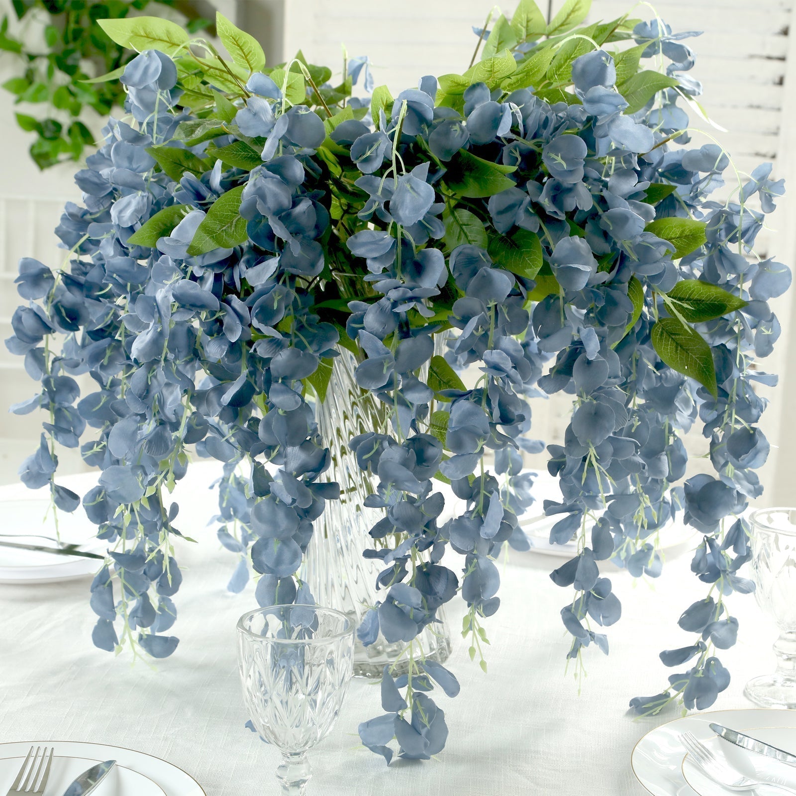 5 Pack 44" Silk Hanging Wisteria Flower Garland Vines in Dusty Blue, Elaborated 3 Full Strands in 1 Bush - Bell Racket Store