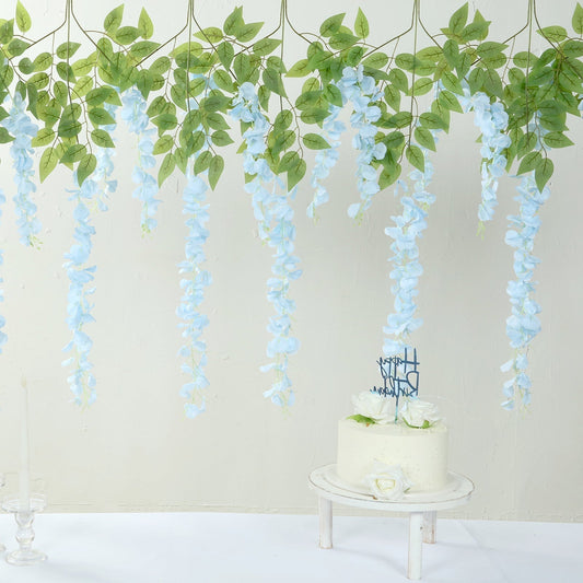 5 Pack 44" Silk Hanging Wisteria Flower Garland Vines in Light Blue, 3 Strands in 1 Bush - Bell Racket Store