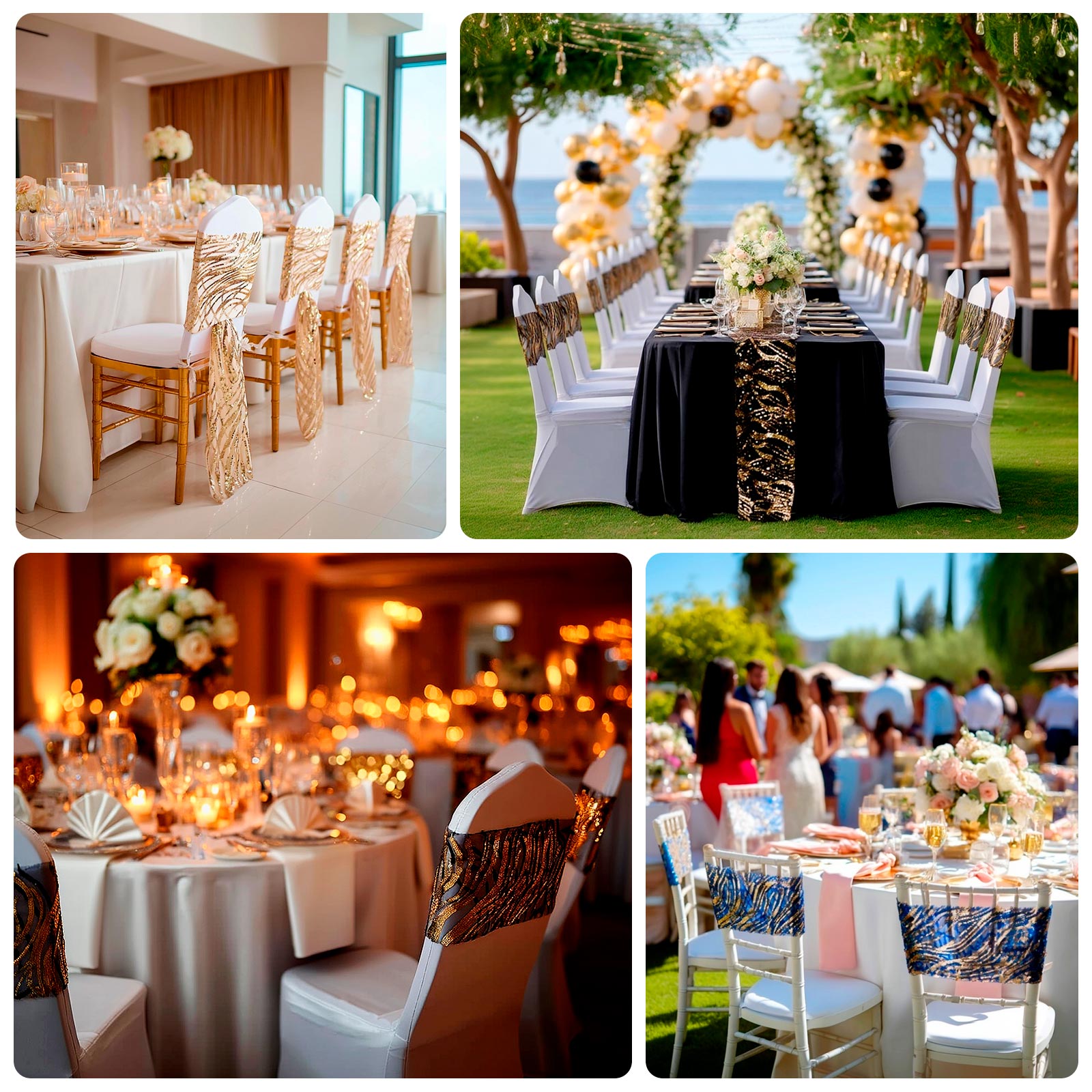 5 Pack Chair Sash Bands with Wave Embroidered Sequins Black/Gold - Bell Racket Store