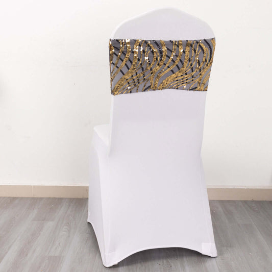 5 Pack Chair Sash Bands with Wave Embroidered Sequins Black/Gold - Bell Racket Store