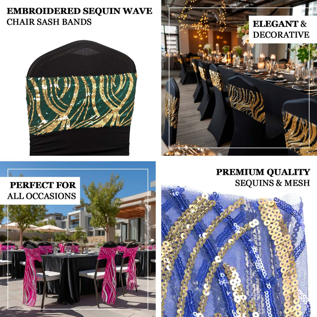 5 Pack Chair Sash Bands with Wave Embroidered Sequins Champagne - Bell Racket Store