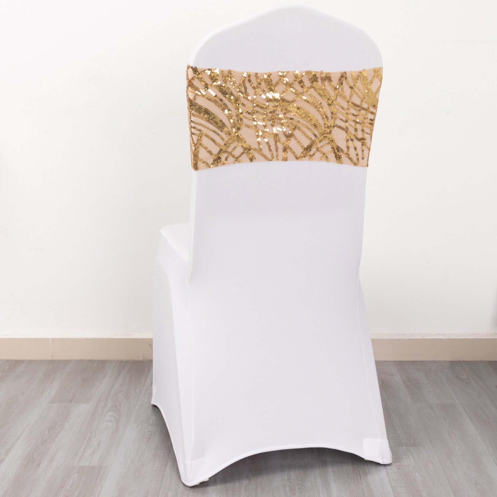 5 Pack Chair Sash Bands with Wave Embroidered Sequins Gold - Gleaming Accent for Weddings & Banquets - Bell Racket Store