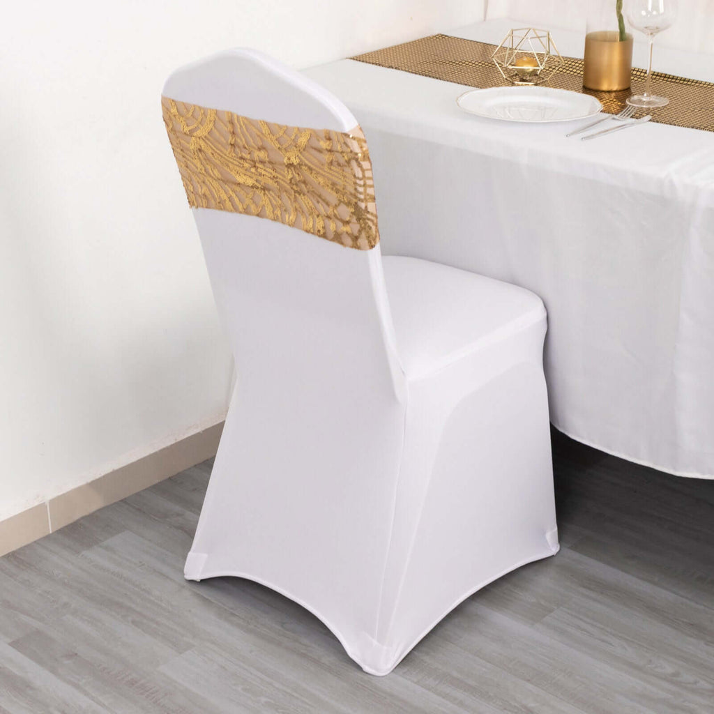 5 Pack Chair Sash Bands with Wave Embroidered Sequins Gold - Gleaming Accent for Weddings & Banquets - Bell Racket Store