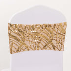 5 Pack Chair Sash Bands with Wave Embroidered Sequins Gold - Gleaming Accent for Weddings & Banquets - Bell Racket Store