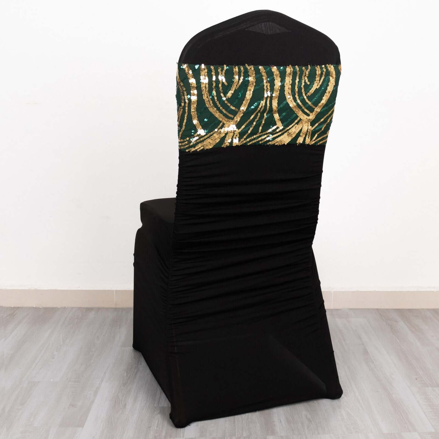 5 Pack Chair Sash Bands with Wave Embroidered Sequins Hunter Emerald Green/Gold - Bell Racket Store