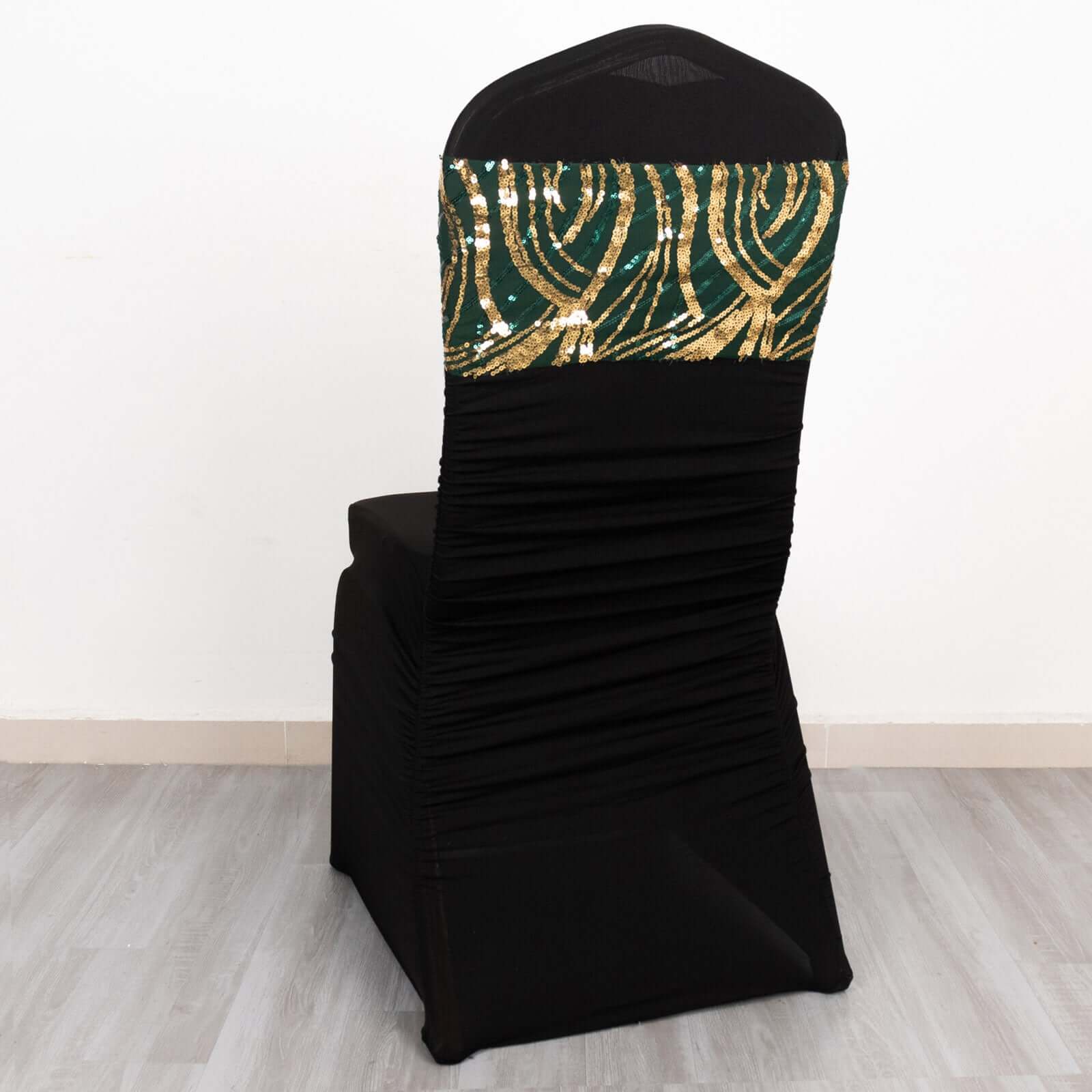 5 Pack Chair Sash Bands with Wave Embroidered Sequins Hunter Emerald Green/Gold - Bell Racket Store