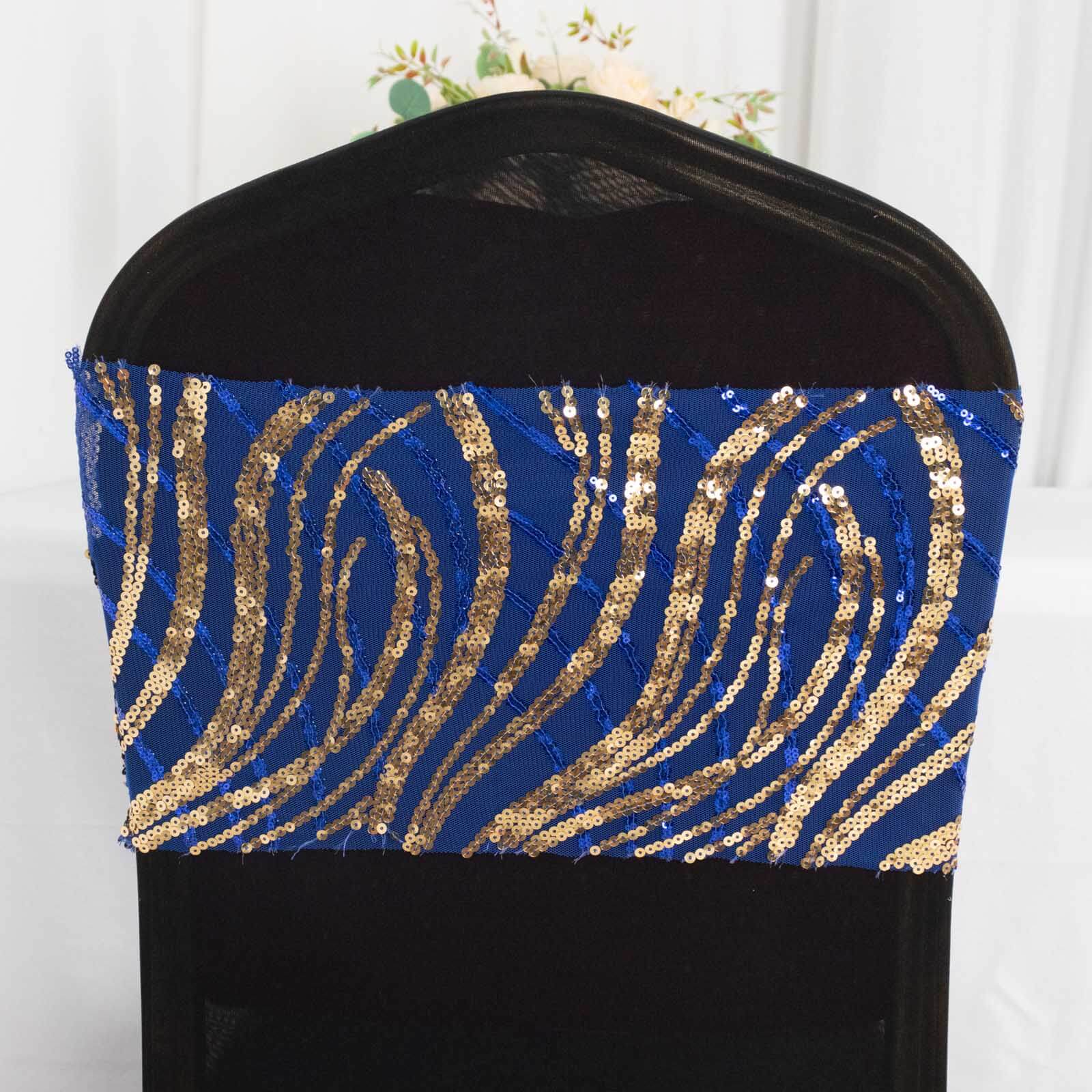 5 Pack Chair Sash Bands with Wave Embroidered Sequins Royal Blue/Gold - Bell Racket Store