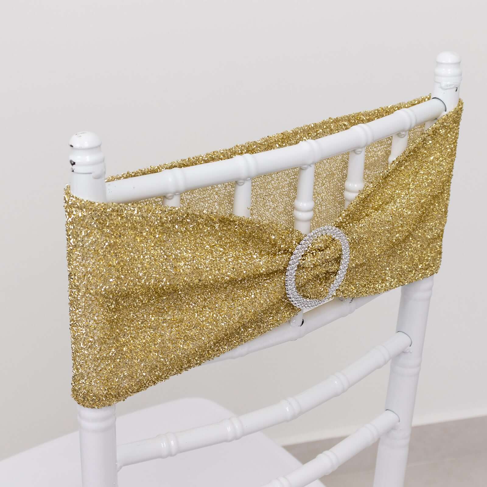 5 Pack Chair Sashes Shimmer Tinsel Spandex 5"x12" with Silver Rhinestone Buckles Champagne - Stylish Chair Bands - Bell Racket Store