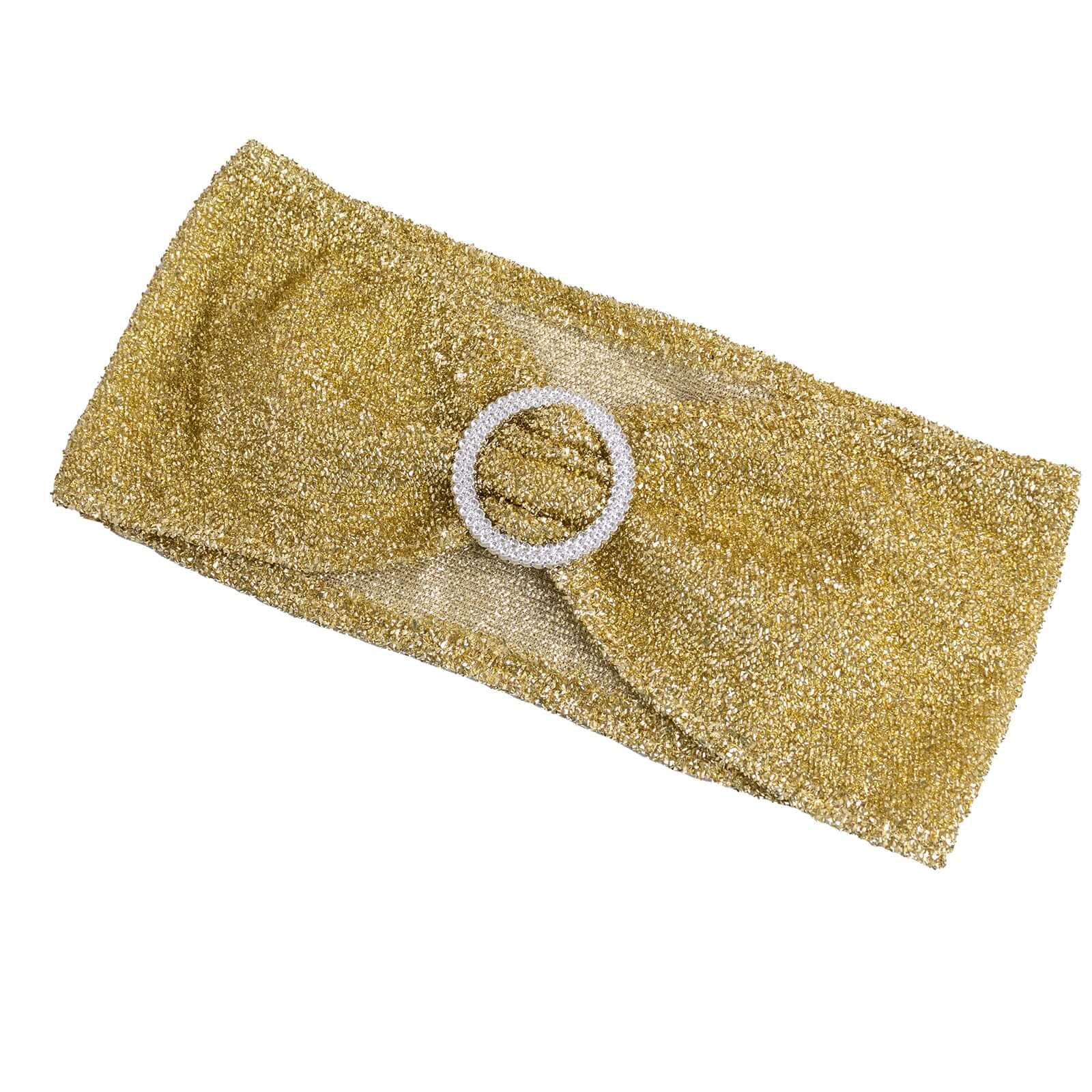 5 Pack Chair Sashes Shimmer Tinsel Spandex 5"x12" with Silver Rhinestone Buckles Champagne - Stylish Chair Bands - Bell Racket Store