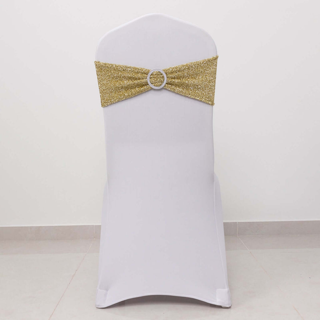 5 Pack Chair Sashes Shimmer Tinsel Spandex 5"x12" with Silver Rhinestone Buckles Champagne - Stylish Chair Bands - Bell Racket Store
