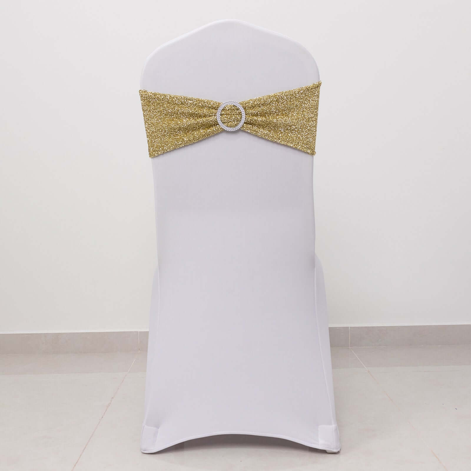 5 Pack Chair Sashes Shimmer Tinsel Spandex 5"x12" with Silver Rhinestone Buckles Champagne - Stylish Chair Bands - Bell Racket Store