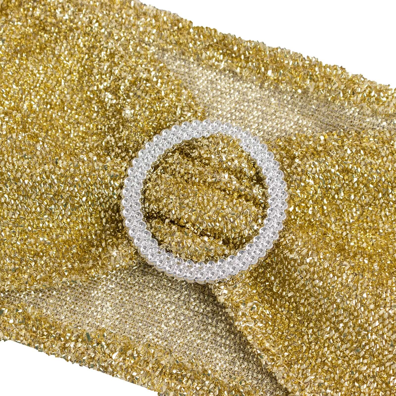 5 Pack Chair Sashes Shimmer Tinsel Spandex 5"x12" with Silver Rhinestone Buckles Champagne - Stylish Chair Bands - Bell Racket Store