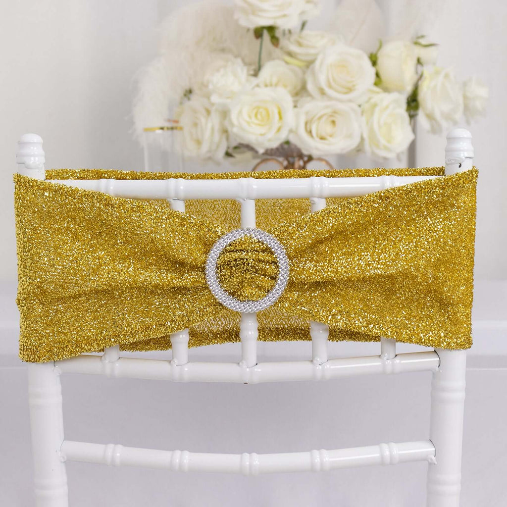 5 Pack Chair Sashes Shimmer Tinsel Spandex 5"x12" with Silver Rhinestone Buckles Gold - Stylish Decor for Weddings - Bell Racket Store