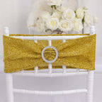 5 Pack Chair Sashes Shimmer Tinsel Spandex 5"x12" with Silver Rhinestone Buckles Gold - Stylish Decor for Weddings - Bell Racket Store