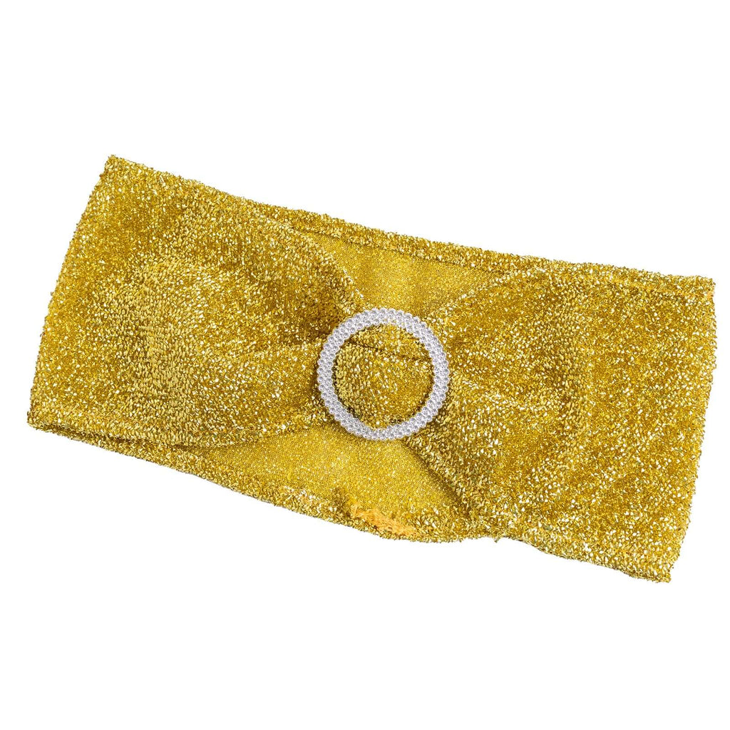 5 Pack Chair Sashes Shimmer Tinsel Spandex 5"x12" with Silver Rhinestone Buckles Gold - Stylish Decor for Weddings - Bell Racket Store
