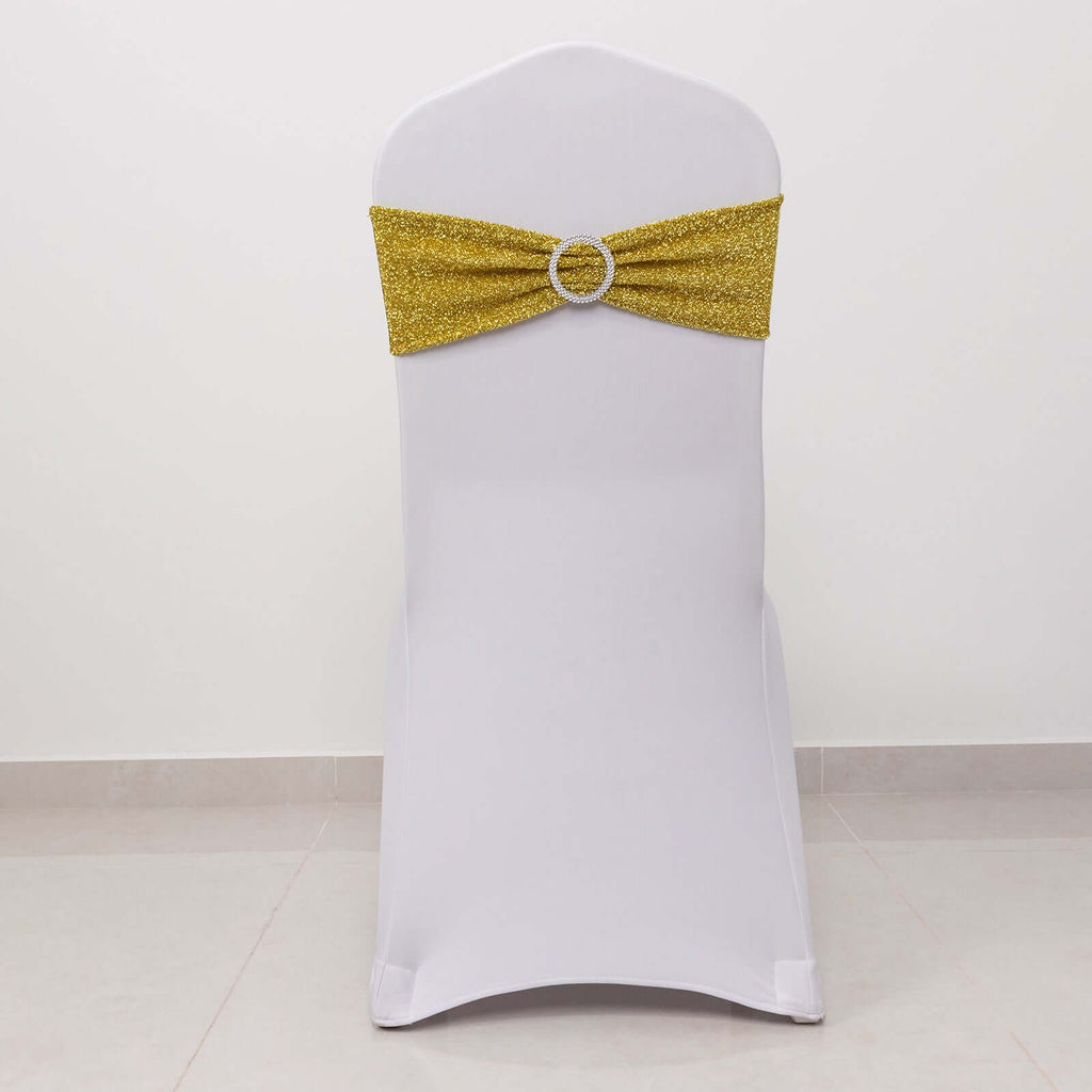 5 Pack Chair Sashes Shimmer Tinsel Spandex 5"x12" with Silver Rhinestone Buckles Gold - Stylish Decor for Weddings - Bell Racket Store