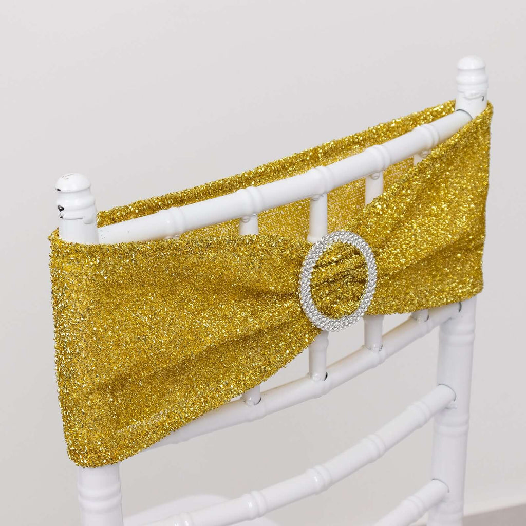 5 Pack Chair Sashes Shimmer Tinsel Spandex 5"x12" with Silver Rhinestone Buckles Gold - Stylish Decor for Weddings - Bell Racket Store