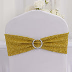 5 Pack Chair Sashes Shimmer Tinsel Spandex 5"x12" with Silver Rhinestone Buckles Gold - Stylish Decor for Weddings - Bell Racket Store