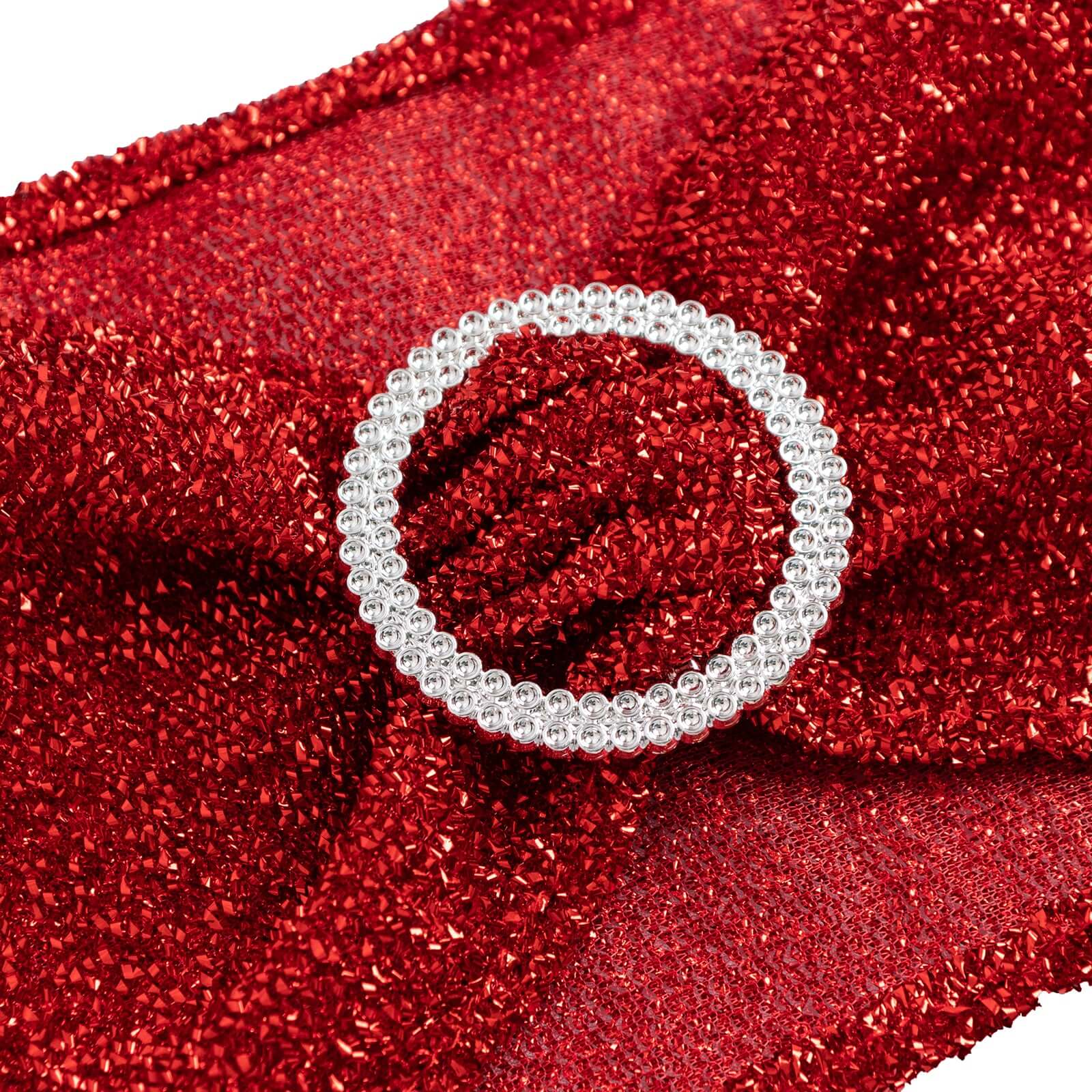 5 Pack Chair Sashes Shimmer Tinsel Spandex 5"x12" with Silver Rhinestone Buckles Red - Stylish Chair Bands - Bell Racket Store
