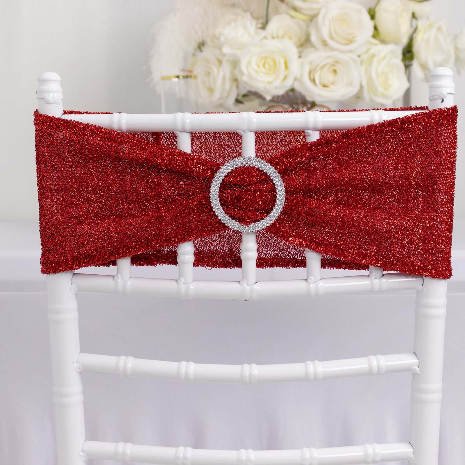 5 Pack Chair Sashes Shimmer Tinsel Spandex 5"x12" with Silver Rhinestone Buckles Red - Stylish Chair Bands - Bell Racket Store