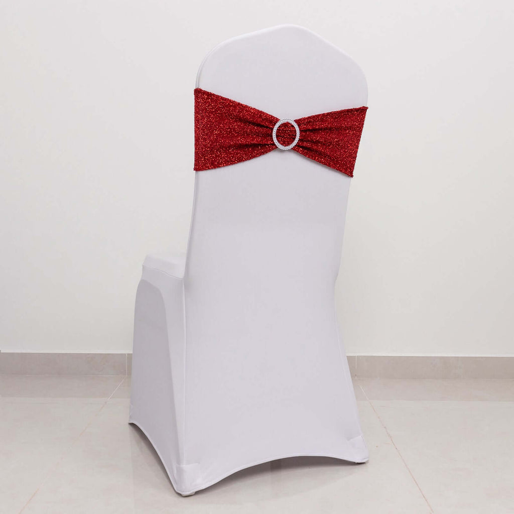 5 Pack Chair Sashes Shimmer Tinsel Spandex 5"x12" with Silver Rhinestone Buckles Red - Stylish Chair Bands - Bell Racket Store