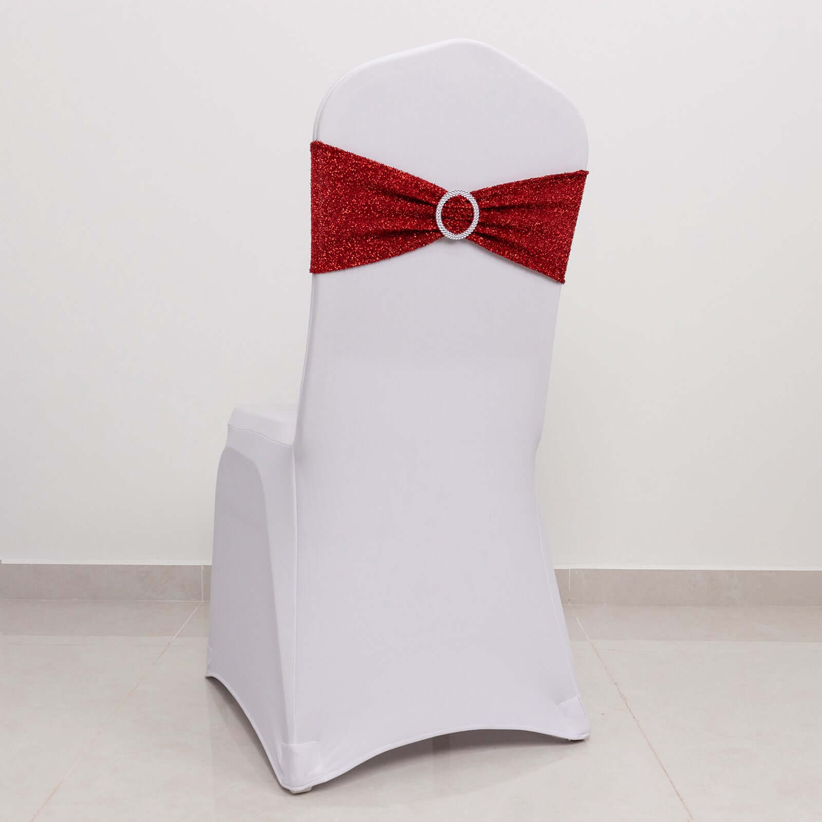 5 Pack Chair Sashes Shimmer Tinsel Spandex 5"x12" with Silver Rhinestone Buckles Red - Stylish Chair Bands - Bell Racket Store