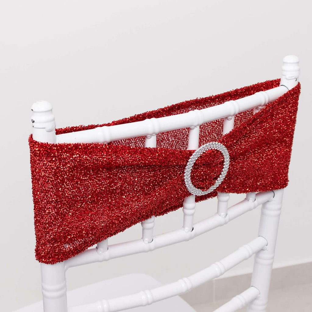 5 Pack Chair Sashes Shimmer Tinsel Spandex 5"x12" with Silver Rhinestone Buckles Red - Stylish Chair Bands - Bell Racket Store