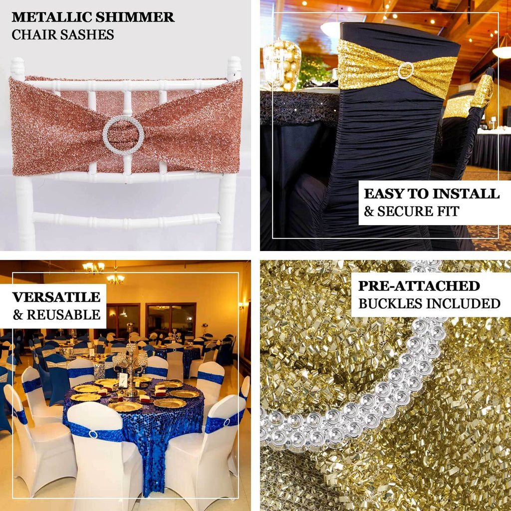 5 Pack Chair Sashes Shimmer Tinsel Spandex 5"x12" with Silver Rhinestone Buckles Rose Gold - Bell Racket Store