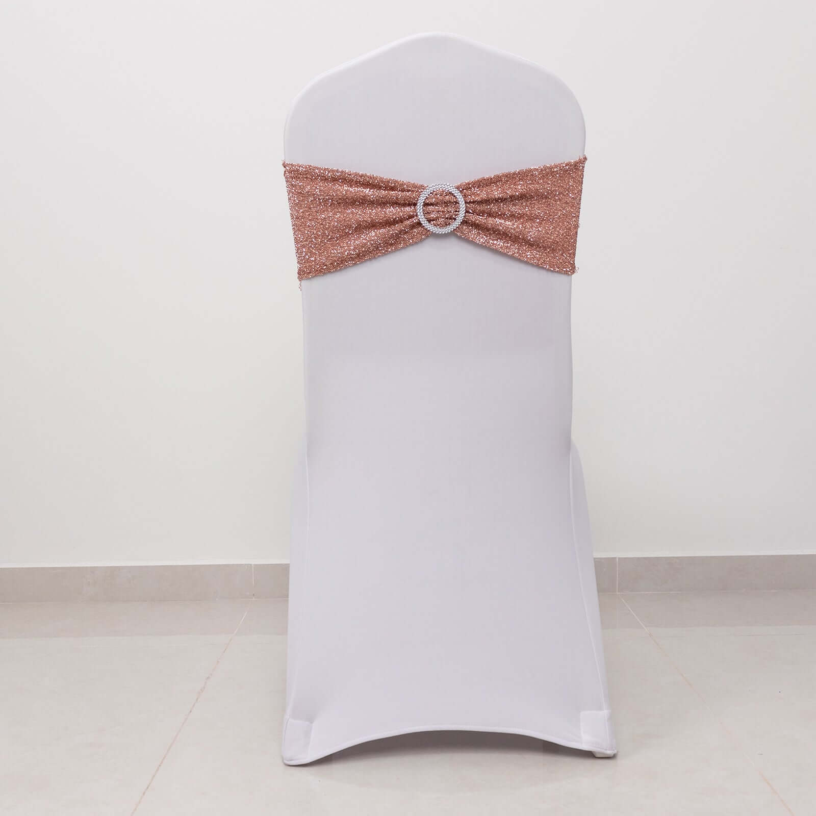 5 Pack Chair Sashes Shimmer Tinsel Spandex 5"x12" with Silver Rhinestone Buckles Rose Gold - Bell Racket Store