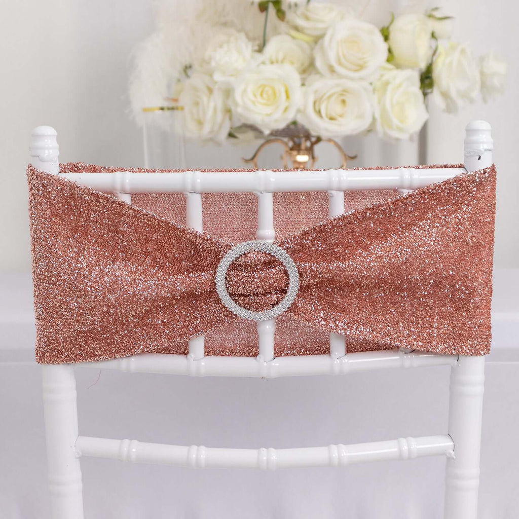 5 Pack Chair Sashes Shimmer Tinsel Spandex 5"x12" with Silver Rhinestone Buckles Rose Gold - Bell Racket Store