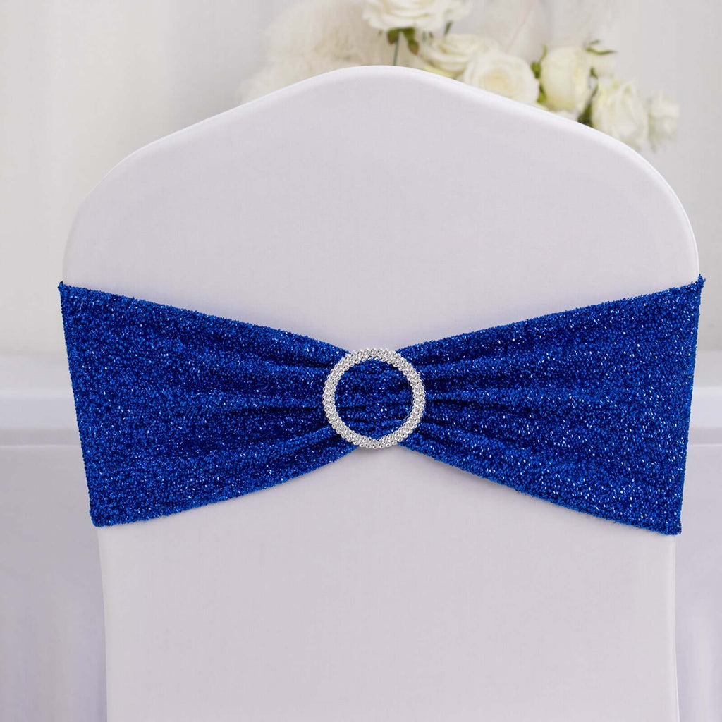 5 Pack Chair Sashes Shimmer Tinsel Spandex 5"x12" with Silver Rhinestone Buckles Royal Blue - Stylish Chair Bands - Bell Racket Store