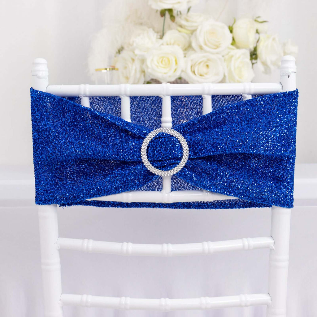 5 Pack Chair Sashes Shimmer Tinsel Spandex 5"x12" with Silver Rhinestone Buckles Royal Blue - Stylish Chair Bands - Bell Racket Store