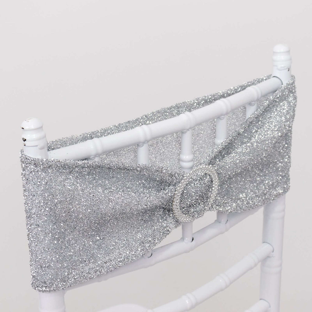 5 Pack Chair Sashes Shimmer Tinsel Spandex 5"x12" with Silver Rhinestone Buckles Silver - Stylish Decor for Weddings - Bell Racket Store