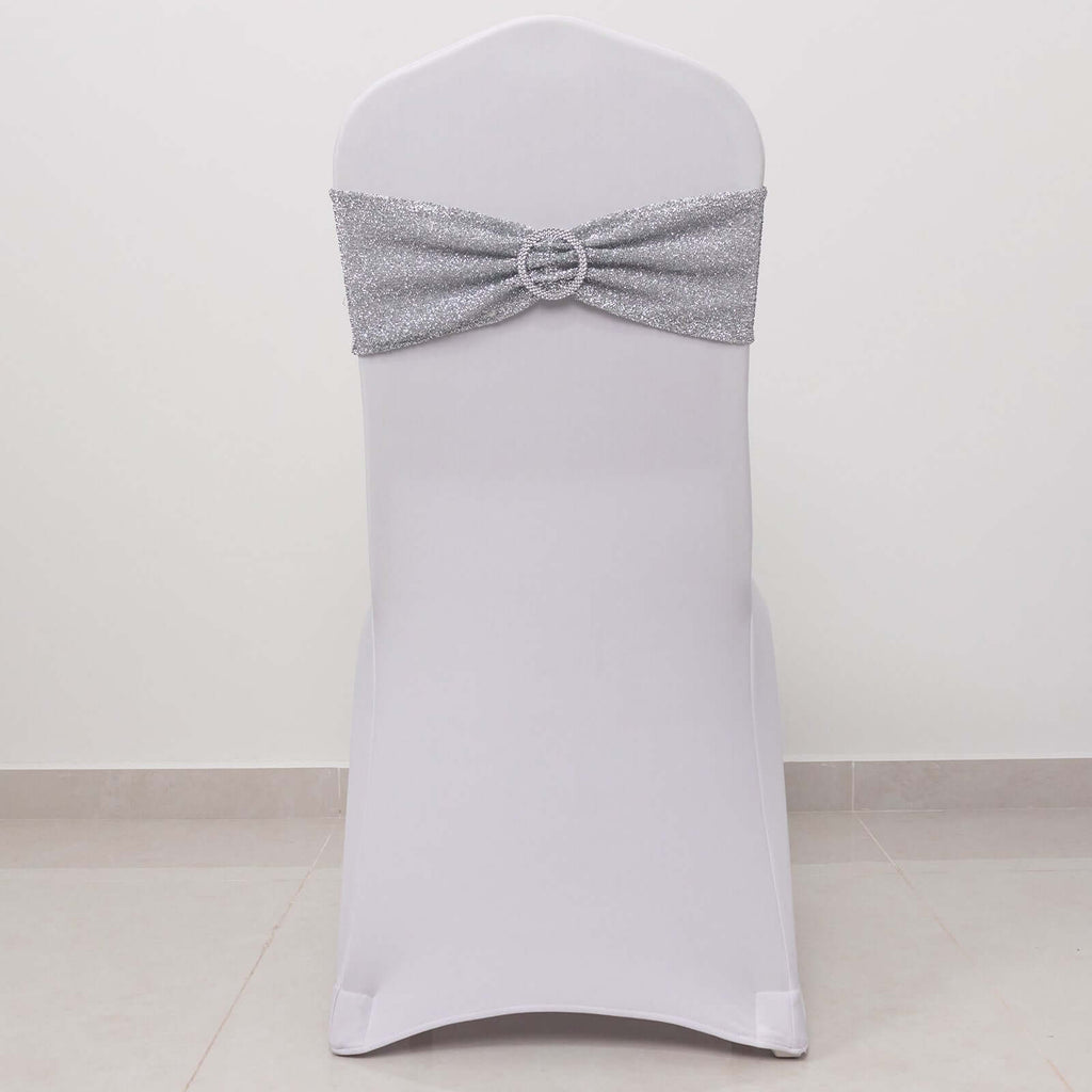 5 Pack Chair Sashes Shimmer Tinsel Spandex 5"x12" with Silver Rhinestone Buckles Silver - Stylish Decor for Weddings - Bell Racket Store