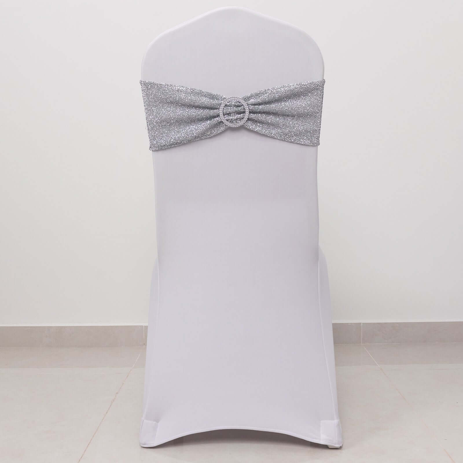 5 Pack Chair Sashes Shimmer Tinsel Spandex 5"x12" with Silver Rhinestone Buckles Silver - Stylish Decor for Weddings - Bell Racket Store