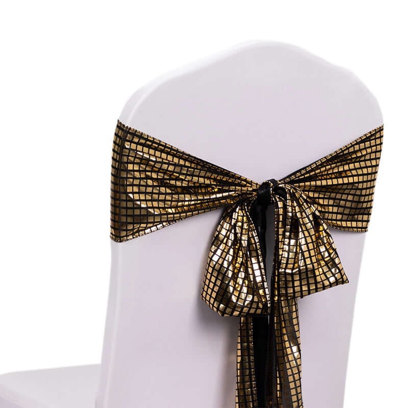 5 Pack Chair Sashes Shiny Foil Polyester 6"x108" Black/Gold - Stylish Disco Mirror Ball Event Decor - Bell Racket Store
