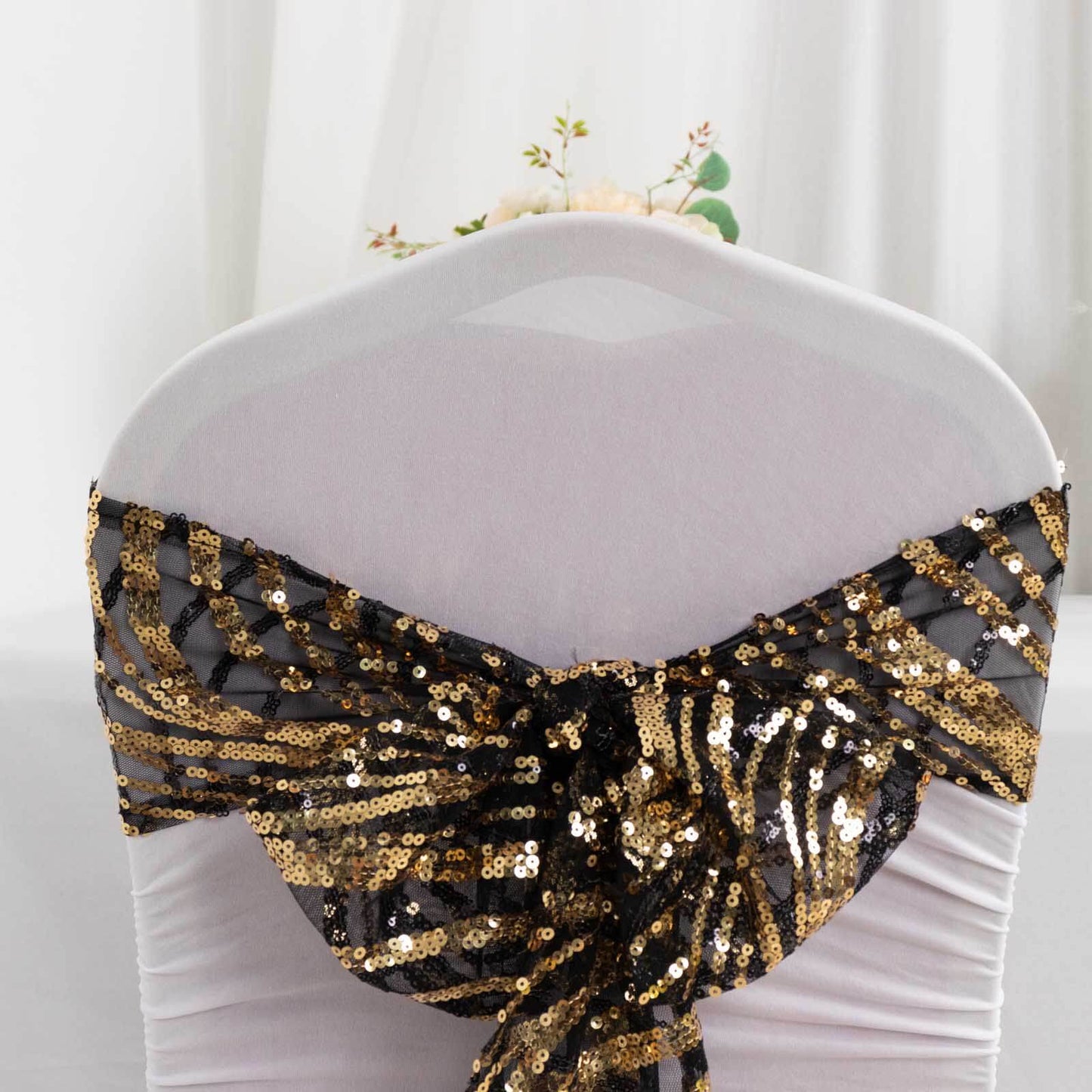 5 Pack Chair Sashes with Wave Embroidered Sequins Black/Gold 6"x88" - Stylish Glittering Decor for Weddings - Bell Racket Store