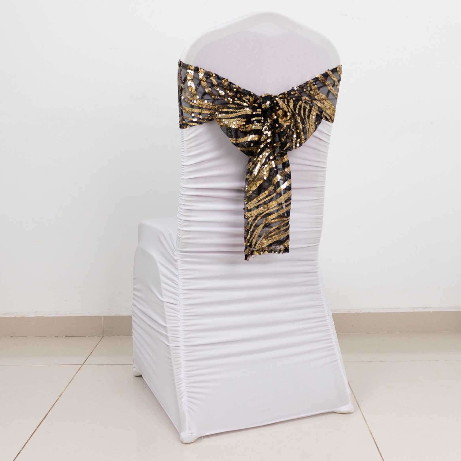 5 Pack Chair Sashes with Wave Embroidered Sequins Black/Gold 6"x88" - Stylish Glittering Decor for Weddings - Bell Racket Store