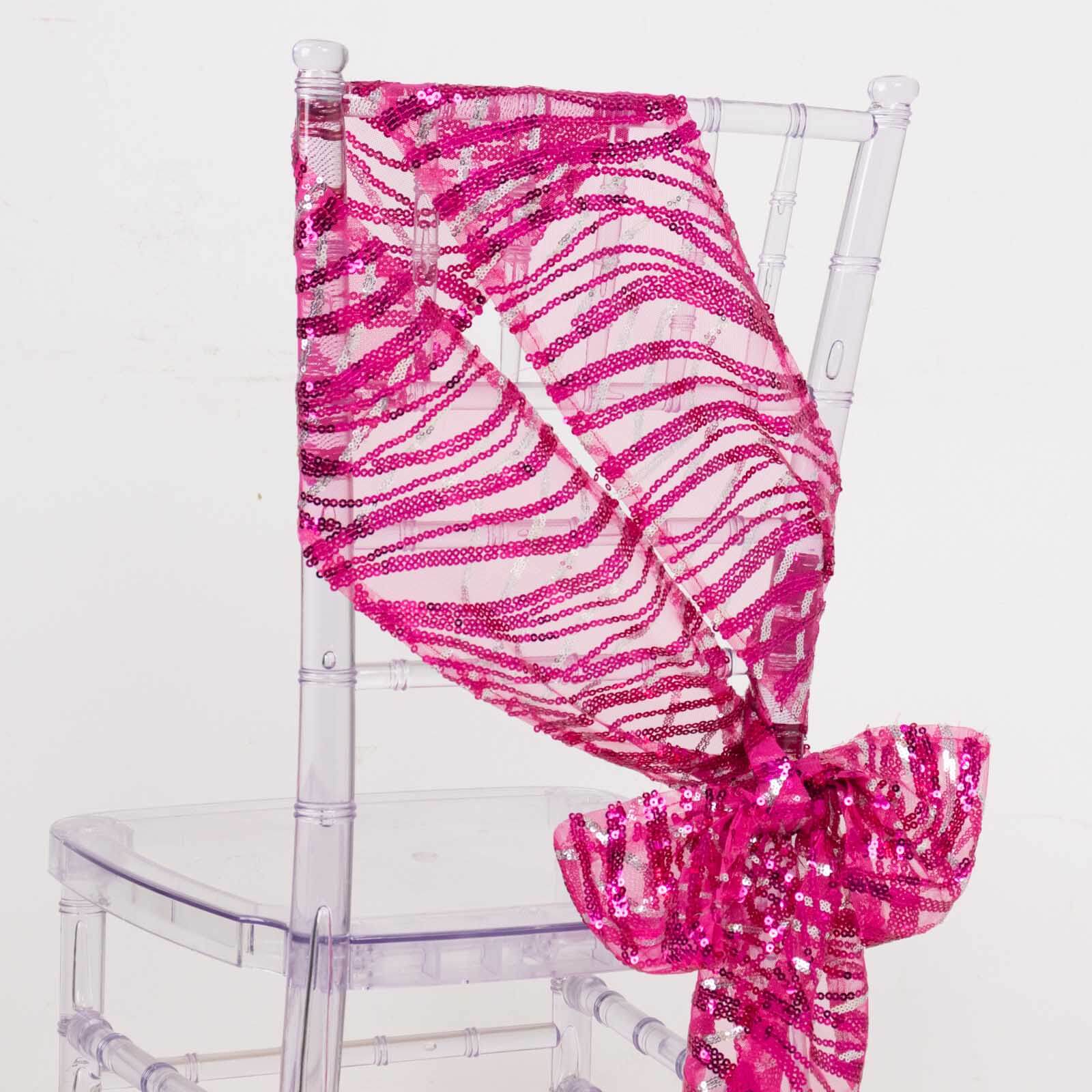 5 Pack Chair Sashes with Wave Embroidered Sequins Fuchsia/Silver 6"x88" - Bell Racket Store