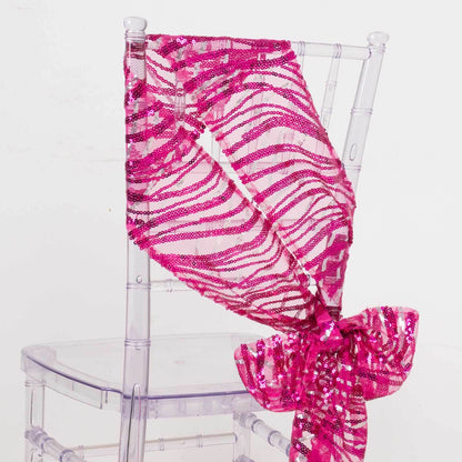 5 Pack Chair Sashes with Wave Embroidered Sequins Fuchsia/Silver 6"x88" - Bell Racket Store