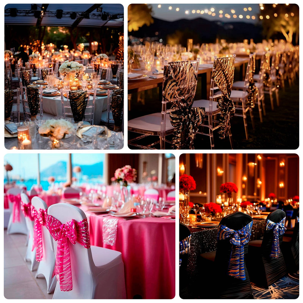 5 Pack Chair Sashes with Wave Embroidered Sequins Fuchsia/Silver 6"x88" - Bell Racket Store