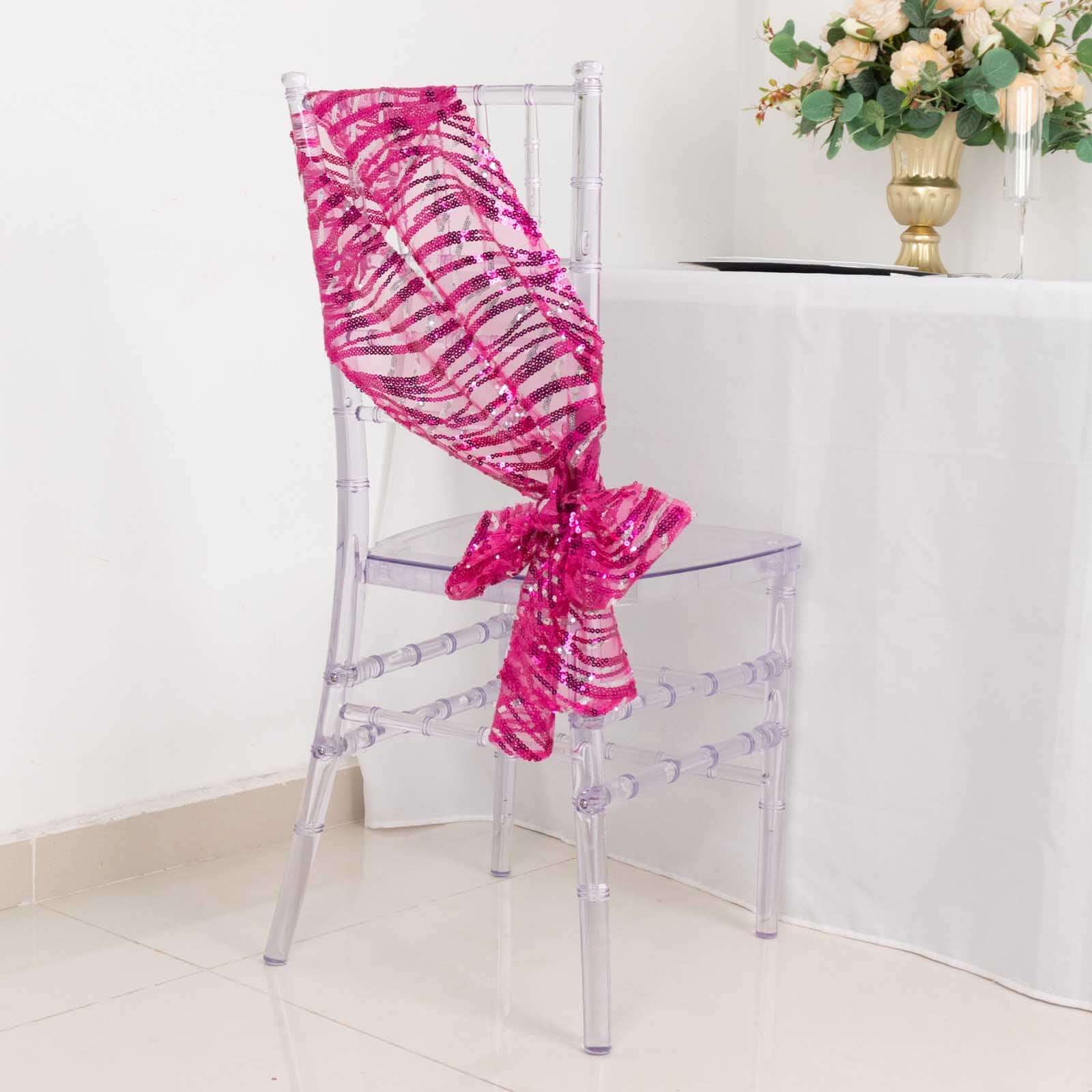 5 Pack Chair Sashes with Wave Embroidered Sequins Fuchsia/Silver 6"x88" - Bell Racket Store