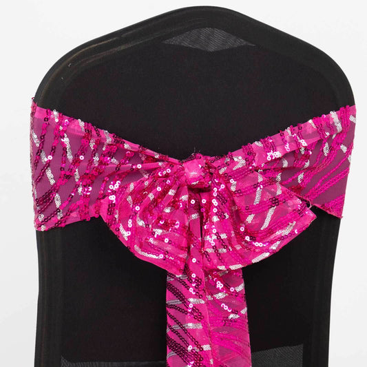 5 Pack Chair Sashes with Wave Embroidered Sequins Fuchsia/Silver 6"x88" - Bell Racket Store
