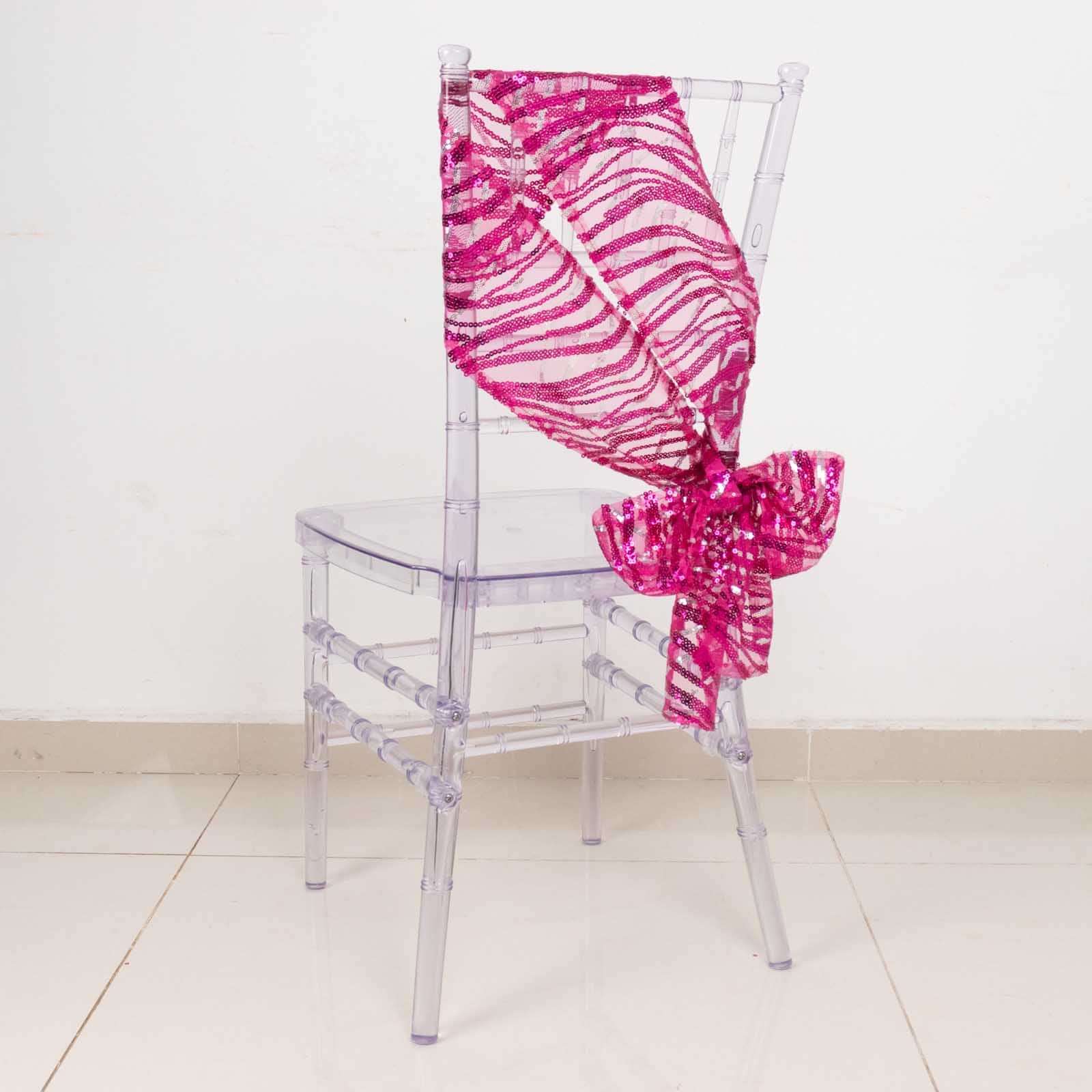 5 Pack Chair Sashes with Wave Embroidered Sequins Fuchsia/Silver 6"x88" - Bell Racket Store