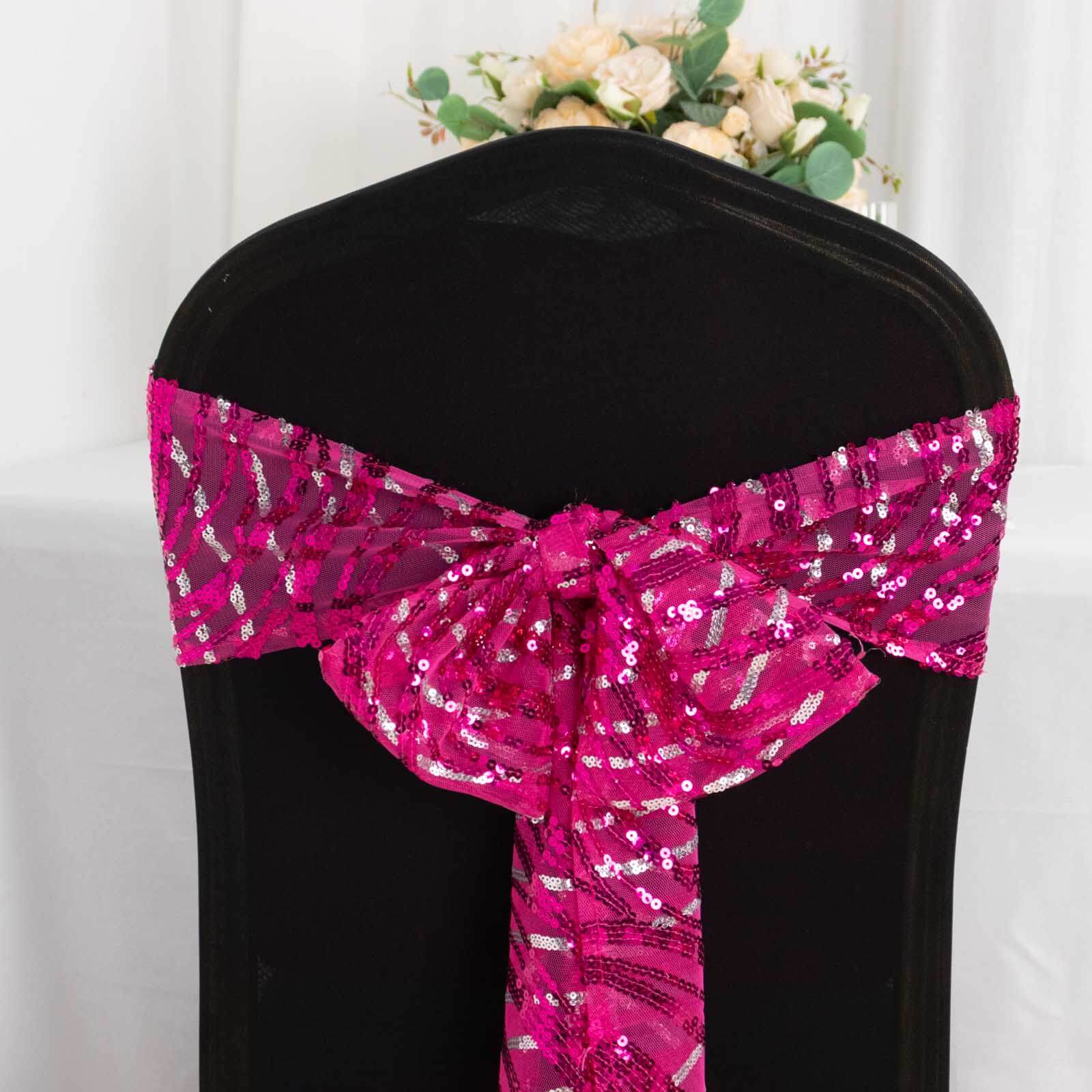 5 Pack Chair Sashes with Wave Embroidered Sequins Fuchsia/Silver 6"x88" - Bell Racket Store
